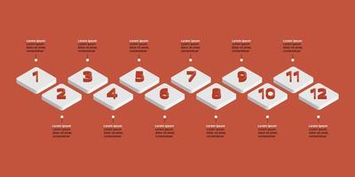 Zeitachsen-Schrittdiagrammvorlage für Infografik zur Präsentation für 12 Elemente in Rot vektor