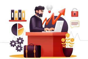 Geschäftsstrategie, 3D-Darstellung eines Mannes, der vor einem Laptop arbeitet, um das Unternehmen voranzubringen vektor