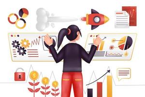 Geschäftsstrategie. 3D-Darstellung einer Frau, die eine Strategie für den Unternehmensfortschritt entwickelt, mit Raketenornament vektor