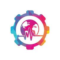 Puls-Globus-Zahnrad-Form-Konzept-Vektor-Logo-Design-Ikone. Erdkugel-Symbol mit Herzschlag.