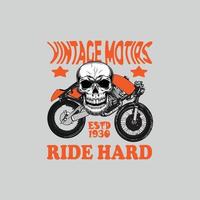 Vintage-Motorradmotor auf Schädel, T-Shirt-Design, Poster, Druck, Postkarte, Kaffeetasse, andere Verwendungen vektor