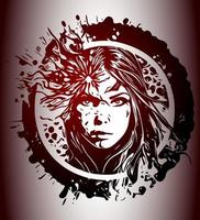psychedelic Skräck skiss gotik flicka och dropp vattenfärg. isolerat i röd blod, vektor illustration.