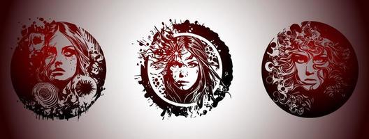 psychedelic Skräck skiss gotik flicka och dropp vattenfärg. isolerat i röd blod, vektor illustration.