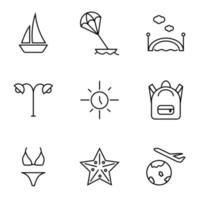 sammlung von neun liniensymbolen von segelschiff, parasailing, brücke, straßenlaterne, sonne, rucksack, bikini, qualle, flugzeug für geschäfte, geschäfte, anzeigen, apps, ui. minimalistische bearbeitbare striche vektor