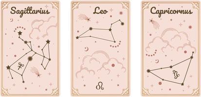 schütze löwe und steinbock sternzeichen umgeben wolken, sterne, luxus, esoterik und boho-stile. geeignet für paranormale Tarot-Leser und Astrologen. elegante symbolikonen des esoterischen horoskops vektor