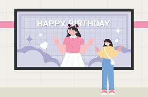 Ein Mädchenfan posiert vor dem Geburtstagsplakat eines Stars. koreanische Idolkultur. U-Bahn-Werbung zum Geburtstag. vektor