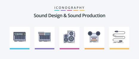 ljud design och ljud produktion linje fylld 5 ikon packa Inklusive modul. audio. mixer. mobil. spelare. kreativ ikoner design vektor