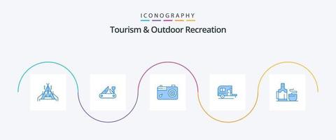 tourismus und outdoor-erholung blau 5 icon pack inklusive cup. reisen. Kamera. Lager. Wohnwagen vektor