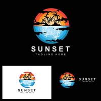 sonnenuntergang strand logo design, meerblick illustration, roter tag urlaubsort vektor