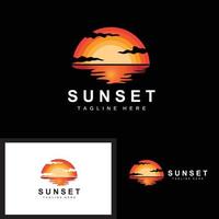 sonnenuntergang strand logo design, meerblick illustration, roter tag urlaubsort vektor