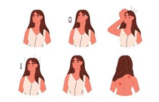 sjukdom symtom. kvinna med huvudvärk, utslag, gemensam smärta, feber. platt vektor illustration
