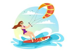 kitesurfing-illustration mit kitesurfer, der auf kiteboard im sommermeer in extremer wassersport-flachkarikatur-handgezeichneter vorlage steht vektor