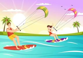 kite illustration med drake surfare stående på kiteboarden i de sommar hav i extrem vatten sporter platt tecknad serie hand dragen mall vektor