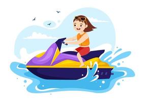 kinder fahren jet ski illustration sommerferienerholung, extreme wassersportarten und strandaktivitäten in handgezeichneten flachen cartoon-vorlagen vektor