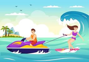 leute fahren jet ski illustration sommerferienerholung, extreme wassersportarten und strandaktivitäten in handgezeichneten flachen cartoon-vorlagen vektor