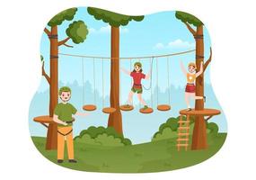 zip-line-illustration mit besuchern, die auf einem hindernisparcours und einem outdoor-seil-abenteuerpark im wald in handgezeichneten vorlagen von flachen cartoons spazieren gehen vektor