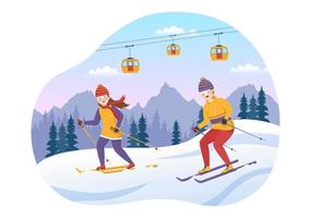 åka skidor illustration med skidåkare glidning nära berg gående utför i skidåkning tillflykt i platt vinter- sport aktiviteter tecknad serie hand dragen mallar vektor