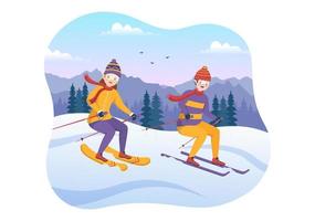 skiillustration mit skifahrern, die in der nähe von bergen rutschen und im skigebiet in flachen handgezeichneten vorlagen für wintersportaktivitäten bergab gehen vektor