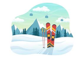 skiillustration mit skifahrern, die in der nähe von bergen rutschen und im skigebiet in flachen handgezeichneten vorlagen für wintersportaktivitäten bergab gehen vektor