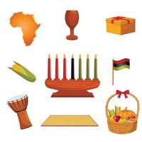 uppsättning av kwanzaa symboler. mazao, zawadi, mkeka, kinara, gåvor, kopp, ljus, flagga, djembe. för affischer, flygblad, webb mönster. vektor