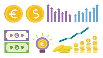 geschäftsikonenillustration mit goldmünze, diagramm, banknote und stapelgeld vektor