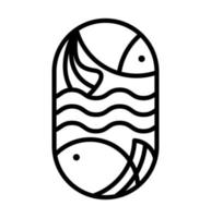 Vektor runde Meer- oder Flussfische und Wellenlinie Logo-Symbol. einfache moderne abstrakte liniensilhouette für kulinarisches design von meeresfrüchten oder sushi-shop-monoline