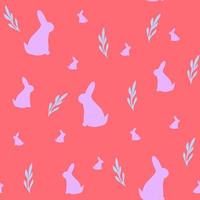 Nahtloses Muster mit rosa Kaninchensilhouette und Blättern auf korallenrotem Hintergrund, zarter Frühlingsdruck für Tapeten, Coverdesign, Verpackung, Urlaubsdekor, Kindermode, Babyillustration, Symbol 2023 vektor