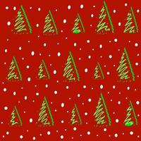 Nahtloses handgezeichnetes Muster für Weihnachten oder Neujahr mit Kiefer und Schnee auf rotem Hintergrund, Vorlage für Textilien, Tapeten, Verpackungs- und Packpapier, Coverdesign, Feiertagsdekoration vektor