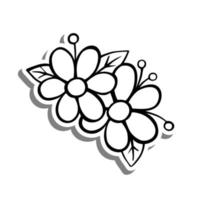svart linje klotter blomma med löv och pollen på vit silhuett och grå skugga. hand dragen tecknad serie stil. vektor illustration för dekorera, färg och några design.