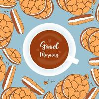 Guten-Morgen-Karte mit handgezeichnetem Doodle von Kaffee und Plätzchen. vektor