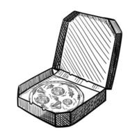 hand dragen bläck uppsättning av pizza lådor. skiss öppen pizza låda. hand dragen pizza i kartong låda. leverans årgång bläck illustration. vektor