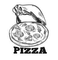 wpizza dagligen färsk vektor emblem på svarta tavlan. pizza logotyp mall. vektor emblem för Kafé, restaurang eller mat leverans service.
