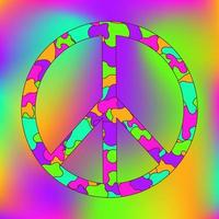 Symbol, Aufkleber im Hippie-Stil mit Regenbogenfriedenszeichen auf Regenbogenverlaufshintergrund. Neon-Stil vektor