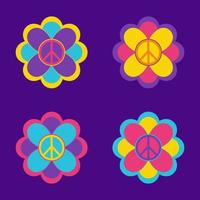 uppsättning av blommor i hippie stil med fred symboler på violett bakgrund. neon färger. vektor