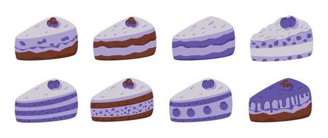 uppsättning av blåbär kaka med blåbär garnering och piska grädde vektor
