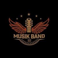 vintage retro gitarrenflügel musik logo design vektor. akustische gitarre logo.star symbol musikshop vintage style template design elemente. dunkler Hintergrund vektor