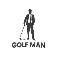 silhuett av man stående vardagligt innehav golf klubb i företag kostym. golf logotyp mall design vektor symbol illustration