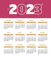 2023 kalender. årlig kalender 2023 mall. kalender design i blå, röd, gul färger. vektor. 2023 illustration. vektor
