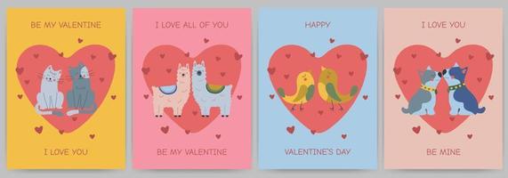 Lycklig hjärtans dag vykort uppsättning med djur och hjärtan. fåglar, hundar, katter, lamadjur på en färgad bakgrund med text. vektor illustration.