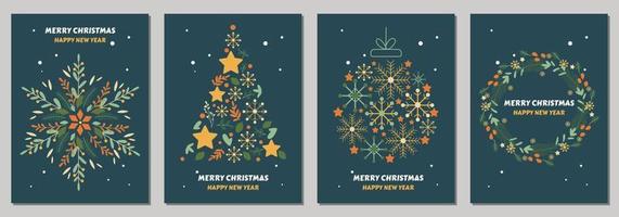 weihnachtskarten mit frohen weihnachten mit weihnachtsdekorationen und typografiedesign. Vektor-Illustration. schöne Ferien. Vektor. dunkler Hintergrund. vektor