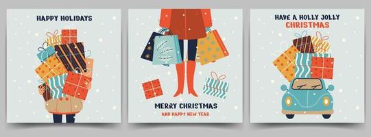 jul Semester kort. fyrkant vykort mallar med människor, bil, gåvor och snö. glad jul, Lycklig högtider, järnek glad text. vektor illustration.