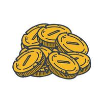 Haufen Goldmünzen. Umriss-Cartoon-Ikone von Geld und Schätzen. Konzept von Einkommen und Vermögen vektor