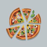 frische Pizza, Käse, Wurst, Zwiebel, Basilikum. traditionelles italienisches fastfood. Essen von oben vektor
