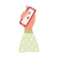 Die Hand einer Frau hält ein Smartphone mit Herzen auf dem Bildschirm. Valentinstag-Karte. Vektor-Illustration vektor