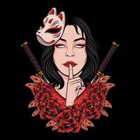 japanisches weibliches geisha-mädchen mit blumen- und katana-logoillustration vektor