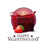 Lycklig hjärtans dag, vit fyrkant poscard med närvarande låda med jordgubbar vektor