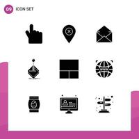Gruppe von 9 soliden Glyphen Zeichen und Symbolen für Layout-Stick-Mail-Joystick-Spiel editierbare Vektordesign-Elemente vektor