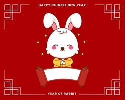 Lycklig kinesisk ny år hälsning kort 2023 med söt kanin bär traditionell kostym. kanin innehav tom papper. år av kanin. vektor