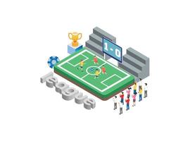 moderne isometrische professionelle live-fußballturnier-technologieillustration auf weißem isoliertem hintergrund mit menschen und digitalem vermögenswert vektor