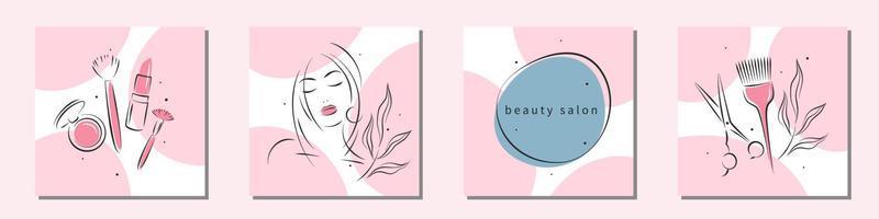 Beauty-Salon-Logo-Set. Schminken und Frisieren. Schönes Frauengesicht, Lippenstift, Rouge, Kosmetikpinsel, Schere und Haarbürste. Vektorillustrationen vektor